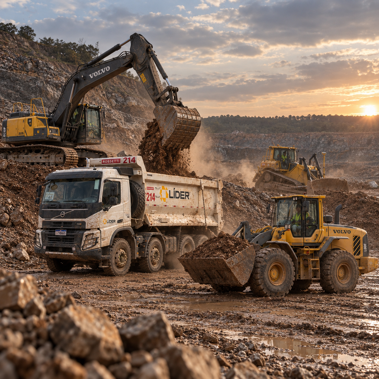 Frota de equipamentos pesados em obra de infraestrutura