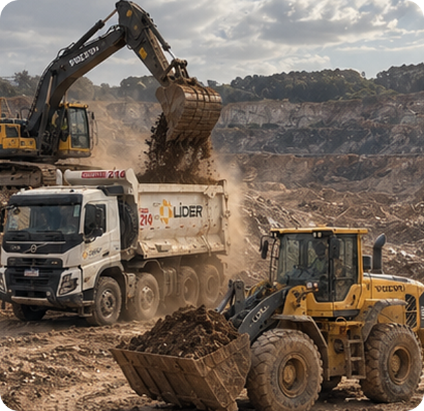 Equipamentos pesados atuando em operação de mineração