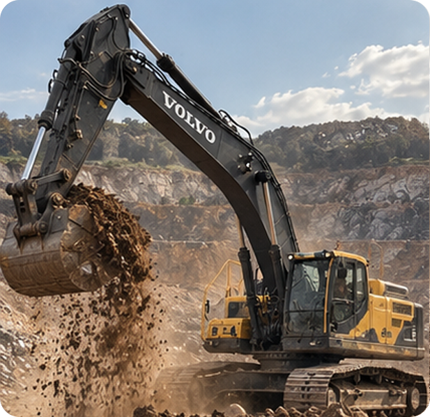 Escavadeira hidráulica operando em terreno de mineração